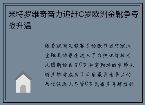 米特罗维奇奋力追赶C罗欧洲金靴争夺战升温